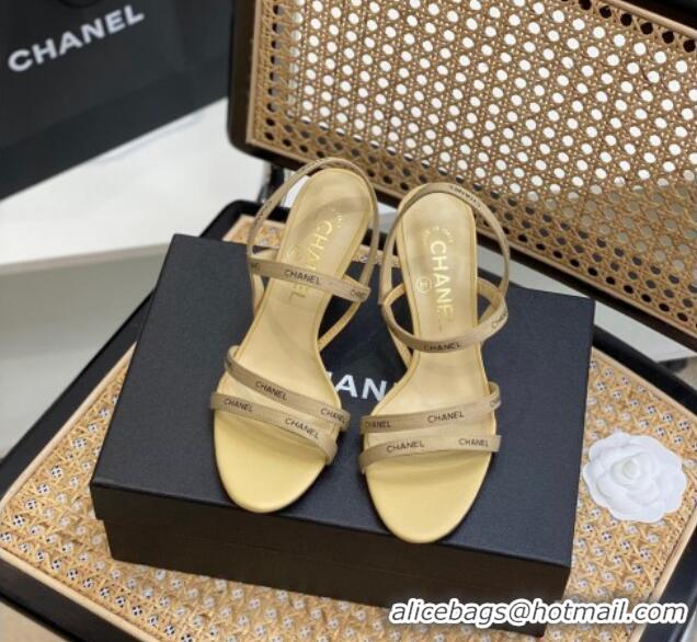 Pretty Style Chanel Logo Strap Canvas High Heel Sandals Beige 620112