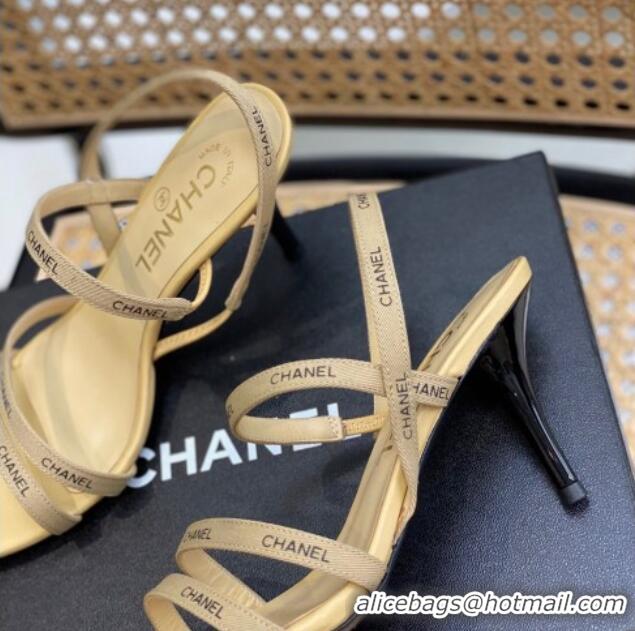 Pretty Style Chanel Logo Strap Canvas High Heel Sandals Beige 620112