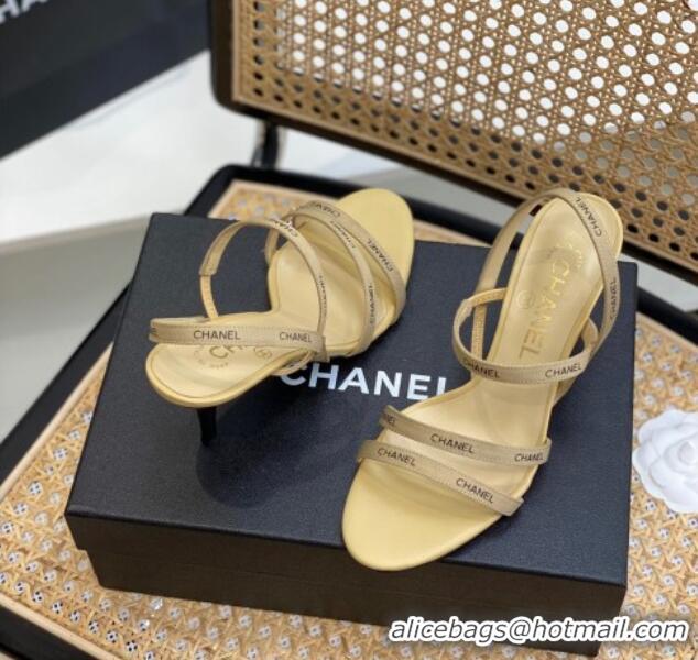 Pretty Style Chanel Logo Strap Canvas High Heel Sandals Beige 620112