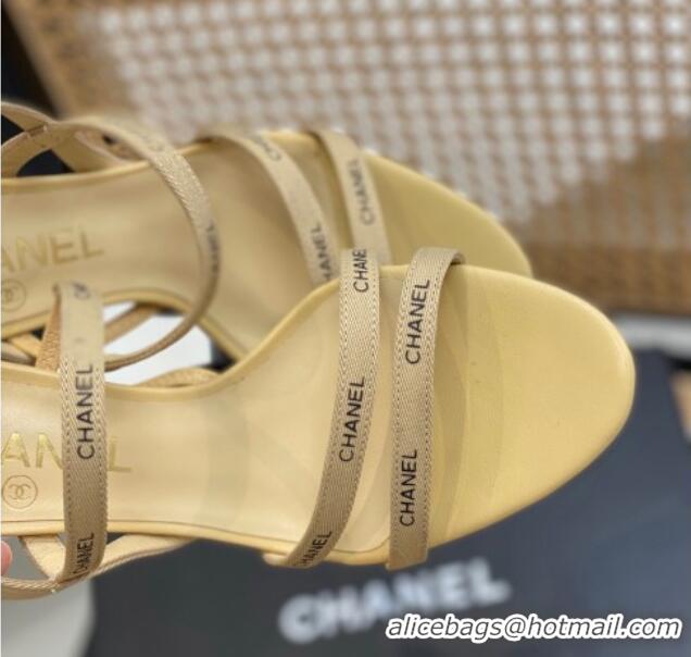 Pretty Style Chanel Logo Strap Canvas High Heel Sandals Beige 620112