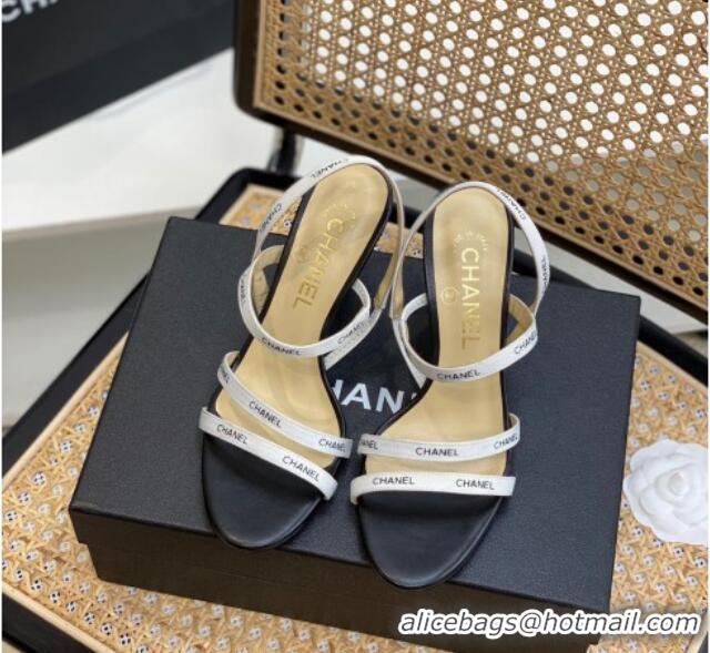 Charming Chanel Logo Strap Canvas High Heel Sandals White 0620114