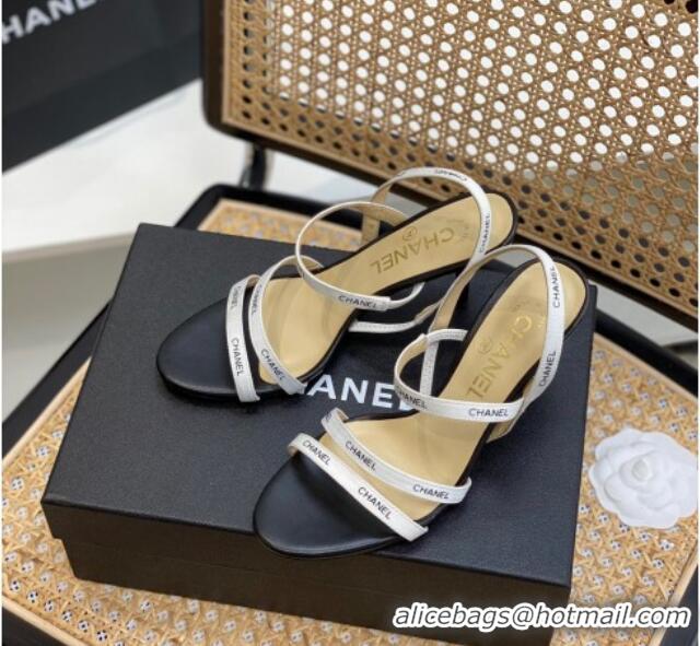 Charming Chanel Logo Strap Canvas High Heel Sandals White 0620114