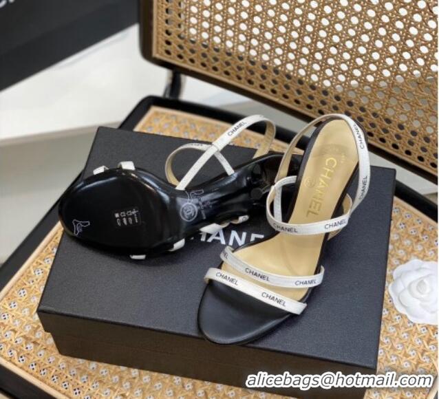 Charming Chanel Logo Strap Canvas High Heel Sandals White 0620114