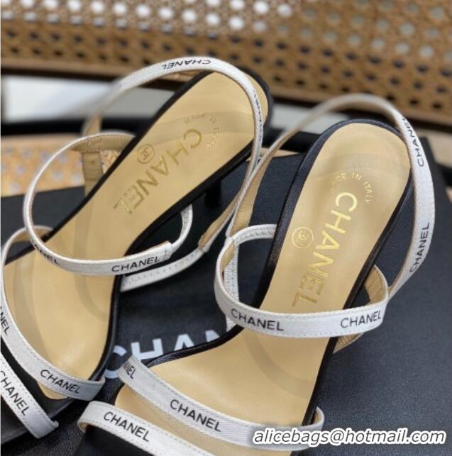 Charming Chanel Logo Strap Canvas High Heel Sandals White 0620114