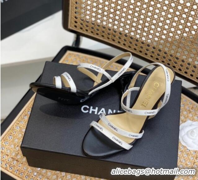 Charming Chanel Logo Strap Canvas High Heel Sandals White 0620114