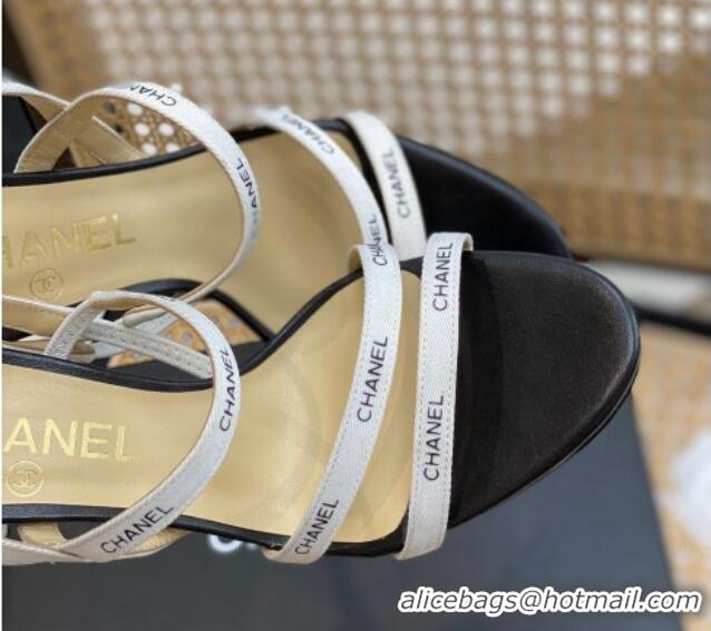 Charming Chanel Logo Strap Canvas High Heel Sandals White 0620114