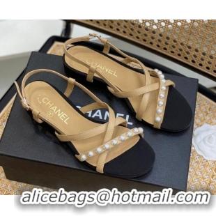 Stylish Chanel Lambskin Pearl Heel Sandals Beige 0620115