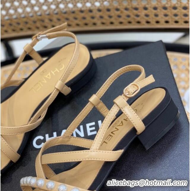 Stylish Chanel Lambskin Pearl Heel Sandals Beige 0620115