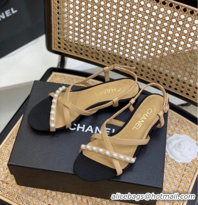 Stylish Chanel Lambskin Pearl Heel Sandals Beige 0620115