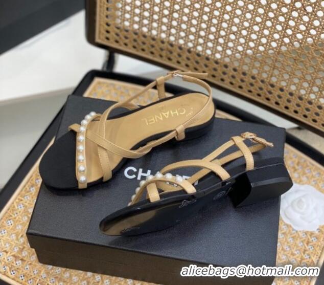 Stylish Chanel Lambskin Pearl Heel Sandals Beige 0620115