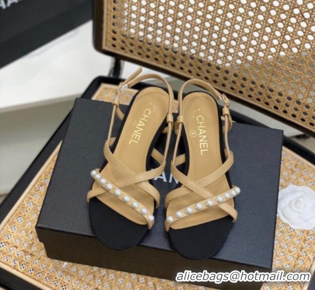 Stylish Chanel Lambskin Pearl Heel Sandals Beige 0620115