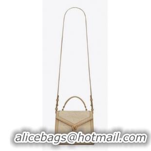 Buy Fashionable SAINT LAURENT CASSANDRA MINI TOP HANDLE BAG IN CANVAS AND BOX SAINT LAURENT LEATHER 623930 BEIGE ET SEA 