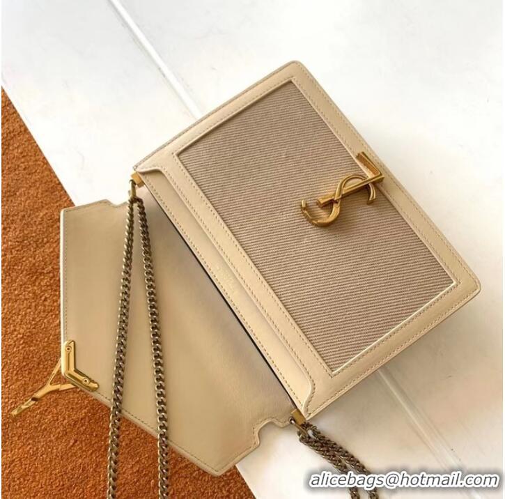 Good Product SAINT LAURENT CASSANDRA MEDIUM CHAIN BAG IN CANVAS AND BOX SAINT LAURENT LEATHER 532750 BEIGE ET SEA SALT