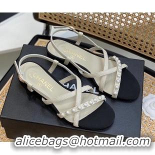 Popular Style Chanel Lambskin Pearl Heel Sandals White 620116