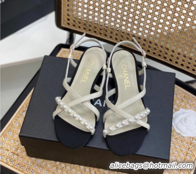 Popular Style Chanel Lambskin Pearl Heel Sandals White 620116