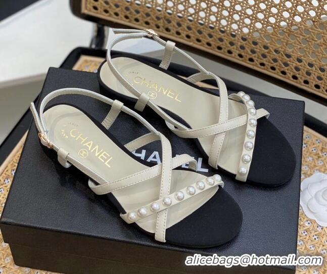 Popular Style Chanel Lambskin Pearl Heel Sandals White 620116