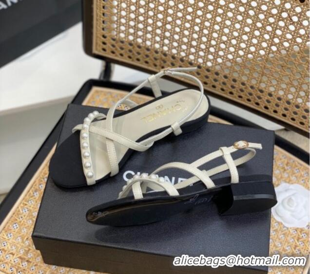 Popular Style Chanel Lambskin Pearl Heel Sandals White 620116