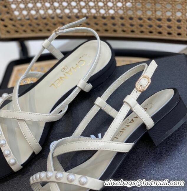 Popular Style Chanel Lambskin Pearl Heel Sandals White 620116