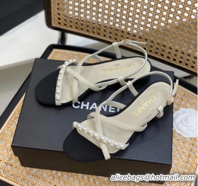 Popular Style Chanel Lambskin Pearl Heel Sandals White 620116