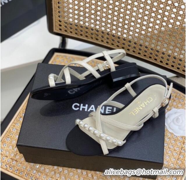 Popular Style Chanel Lambskin Pearl Heel Sandals White 620116