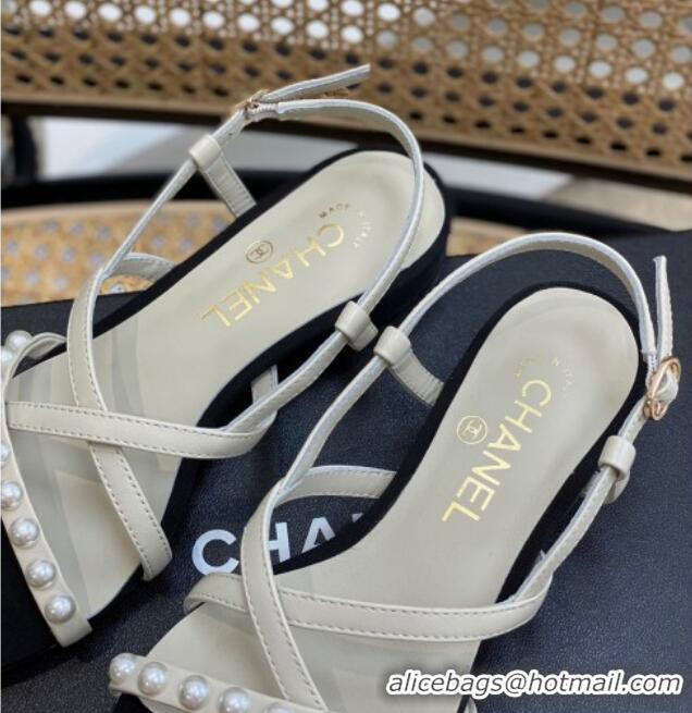 Popular Style Chanel Lambskin Pearl Heel Sandals White 620116