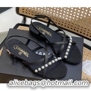 Grade Style Chanel Lambskin Pearl Heel Sandals Black 620117