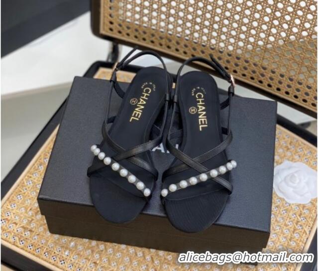 Grade Style Chanel Lambskin Pearl Heel Sandals Black 620117