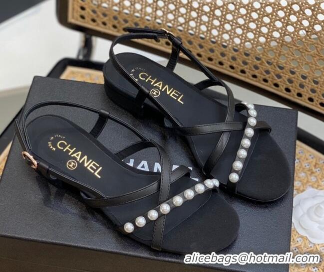 Grade Style Chanel Lambskin Pearl Heel Sandals Black 620117