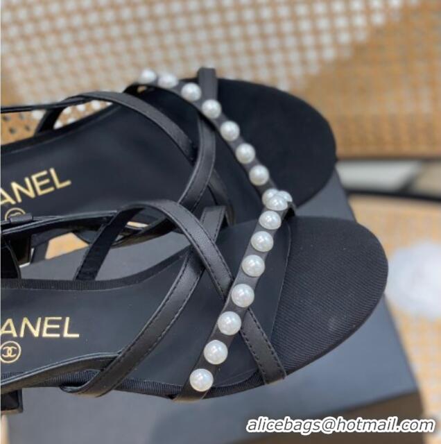 Grade Style Chanel Lambskin Pearl Heel Sandals Black 620117