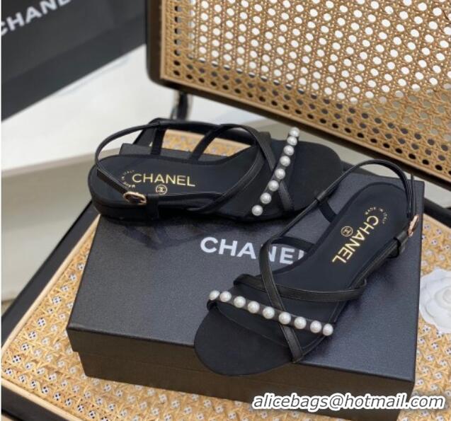 Grade Style Chanel Lambskin Pearl Heel Sandals Black 620117