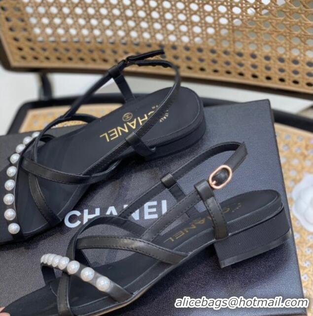 Grade Style Chanel Lambskin Pearl Heel Sandals Black 620117