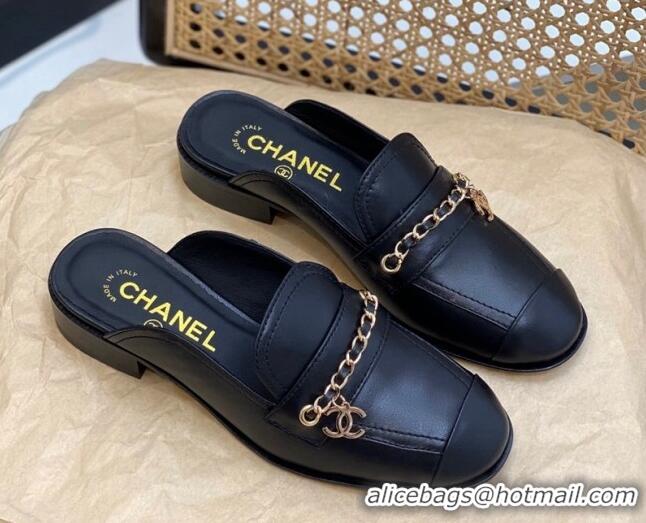 Good Looking Chanel Lambskin Chain Flat Mules Black 620118