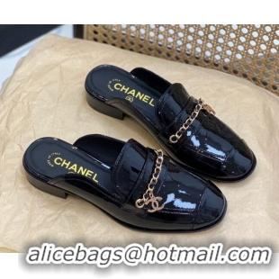 Unique Style Chanel Patent Leather Chain Flat Mules Black 620119