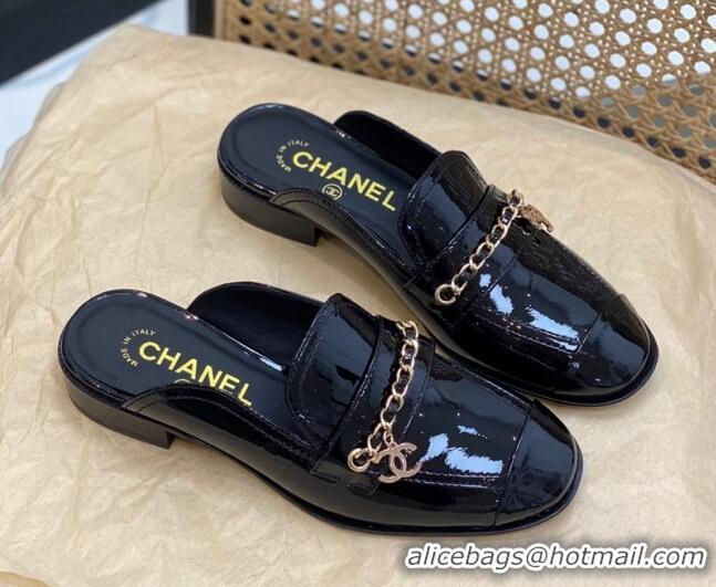 Unique Style Chanel Patent Leather Chain Flat Mules Black 620119