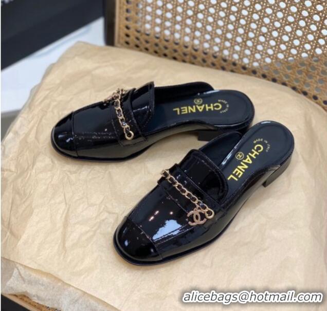 Unique Style Chanel Patent Leather Chain Flat Mules Black 620119