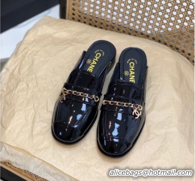 Unique Style Chanel Patent Leather Chain Flat Mules Black 620119