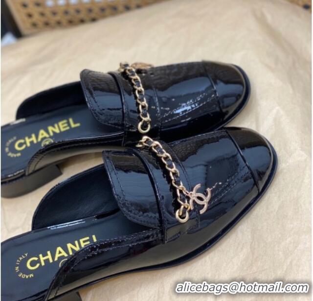 Unique Style Chanel Patent Leather Chain Flat Mules Black 620119