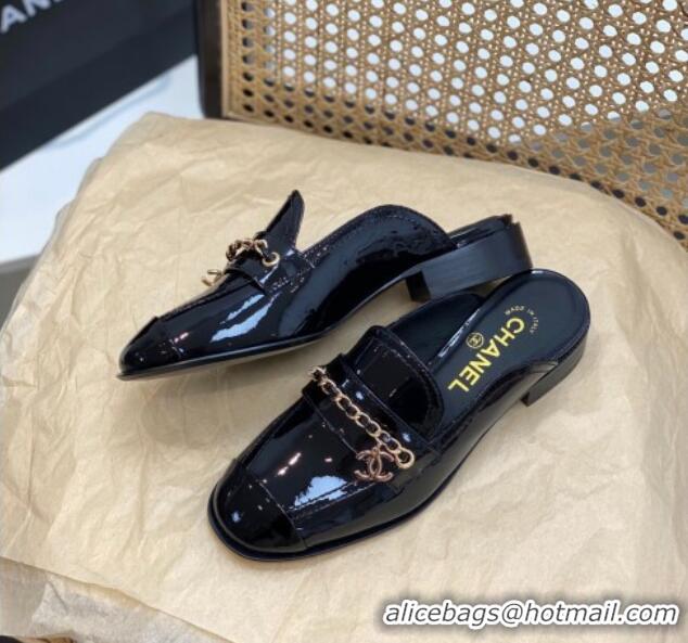 Unique Style Chanel Patent Leather Chain Flat Mules Black 620119