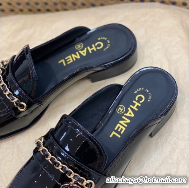 Unique Style Chanel Patent Leather Chain Flat Mules Black 620119