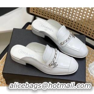 Top Design Chanel Lambskin Chain Flat Mules White 0620120