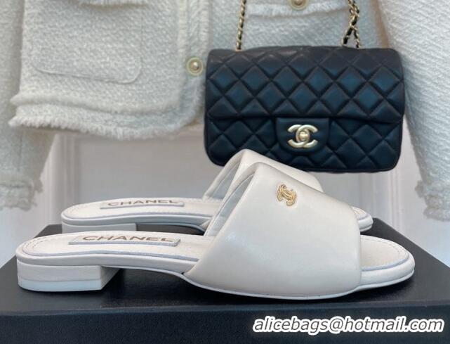 Duplicate Chanel Lambskin Flat Slide Sandals White 070107