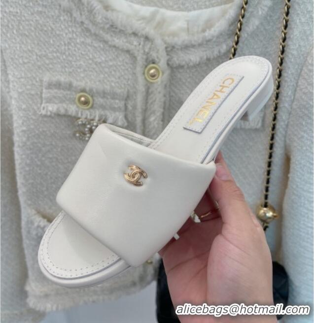 Duplicate Chanel Lambskin Flat Slide Sandals White 070107