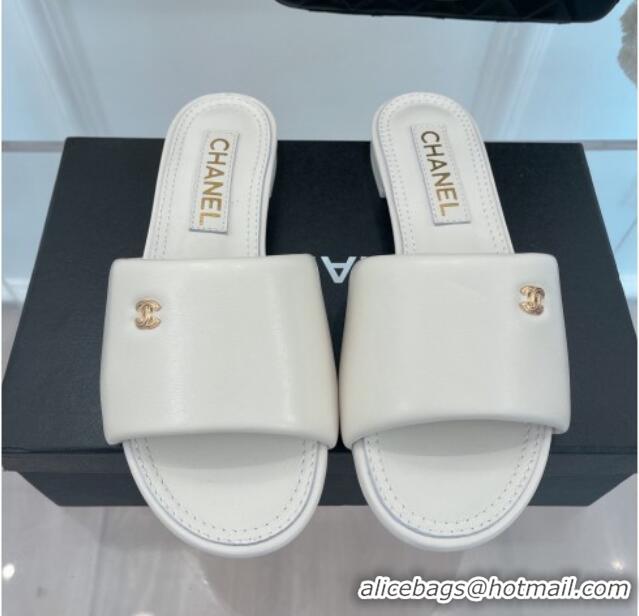 Duplicate Chanel Lambskin Flat Slide Sandals White 070107