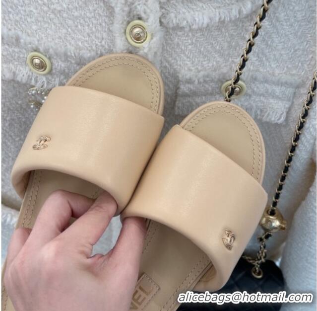 Durable Chanel Lambskin Flat Slide Sandals Beige 070108