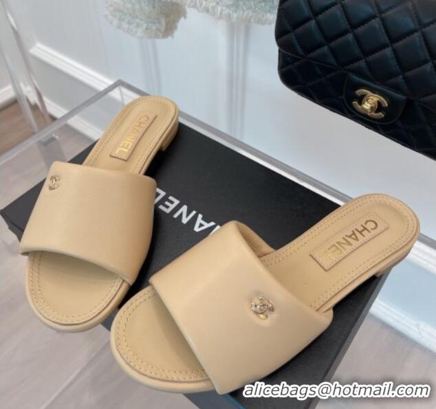 Durable Chanel Lambskin Flat Slide Sandals Beige 070108