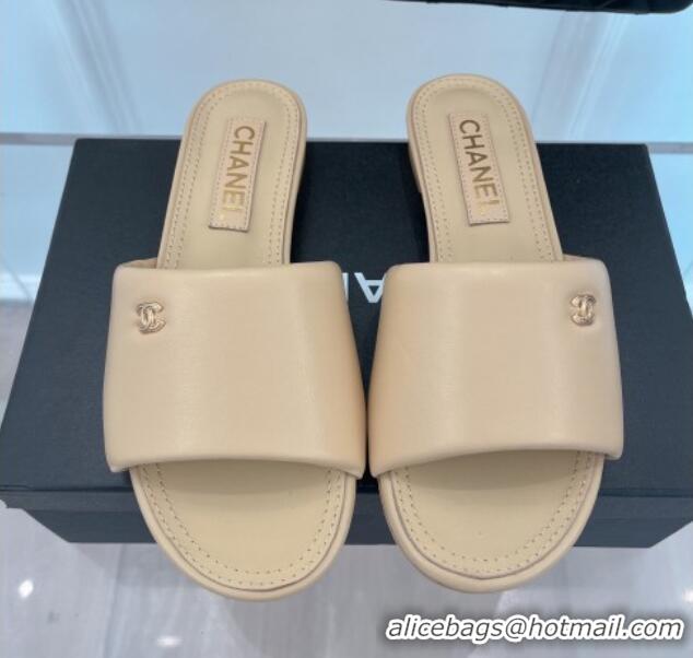 Durable Chanel Lambskin Flat Slide Sandals Beige 070108