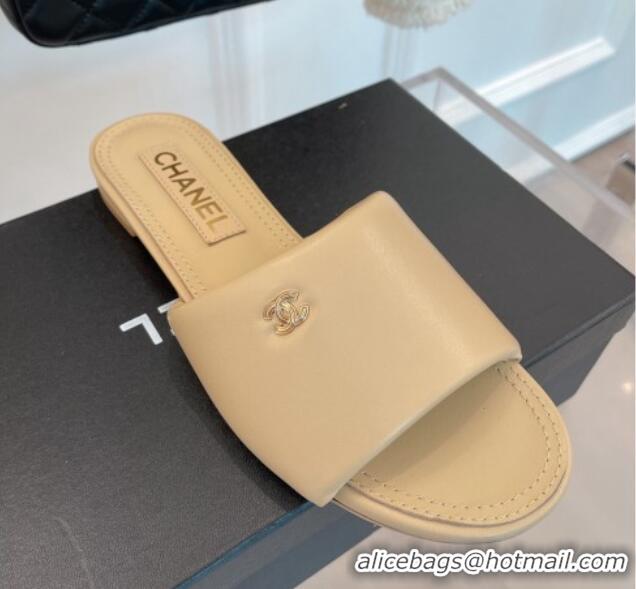 Durable Chanel Lambskin Flat Slide Sandals Beige 070108