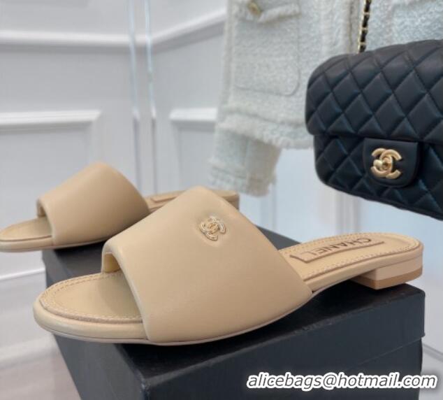 Durable Chanel Lambskin Flat Slide Sandals Beige 070108