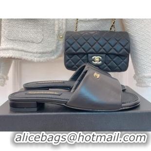 Pretty Style Chanel Lambskin Flat Slide Sandals Black 070109