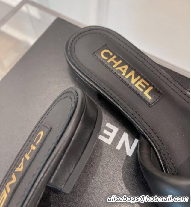 Pretty Style Chanel Lambskin Flat Slide Sandals Black 070109